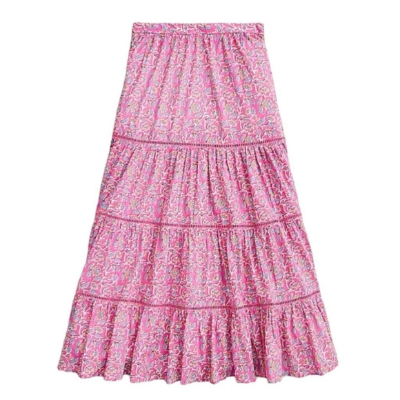 J. Crew Dresses & Skirts - J.Crew Pink Vines Block Printed Tiered 100% Cotton Midi Skirt Size XL